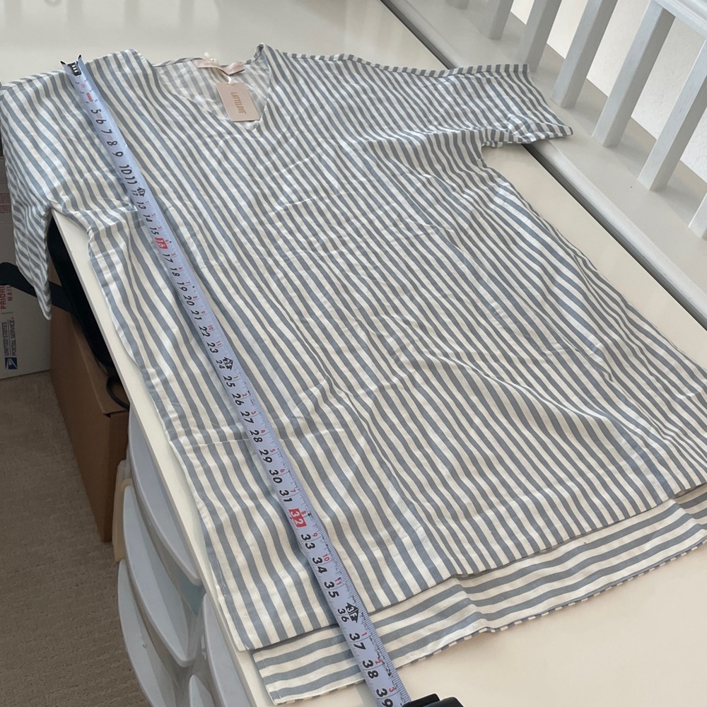 NWT LATTELOVE Linen Cotton Oversized Blue White Striped Shift Dress L - Picture 9 of 9